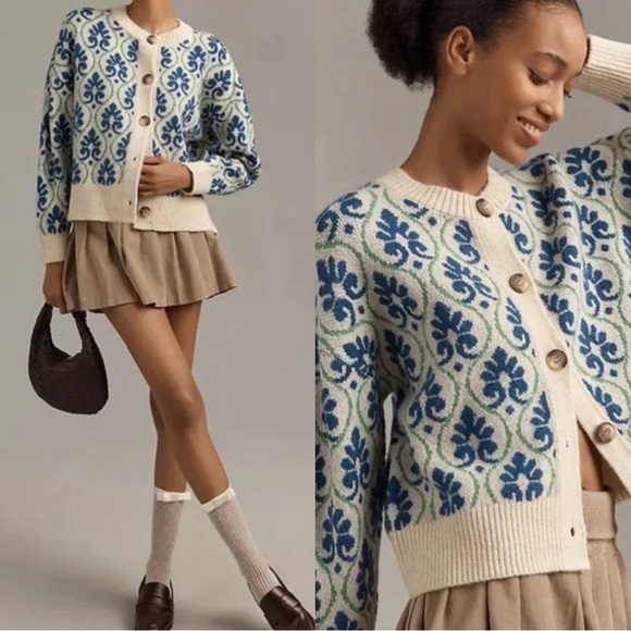 Maeve Sweaters - Anthropologie Maeve Blue Floral Pop Graphic Intarsia Cardigan Sweater Jacquard